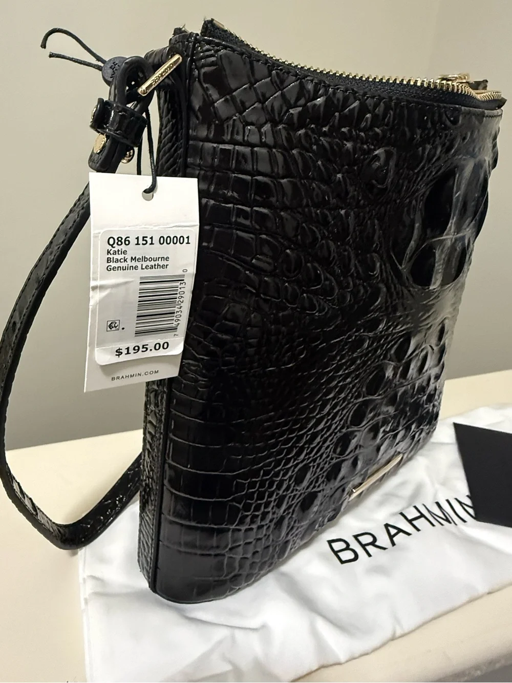 NWT Brahmin Katie Black Croc-Embossed Leather Crossbody with Gold Hardware - Picture 5 of 5